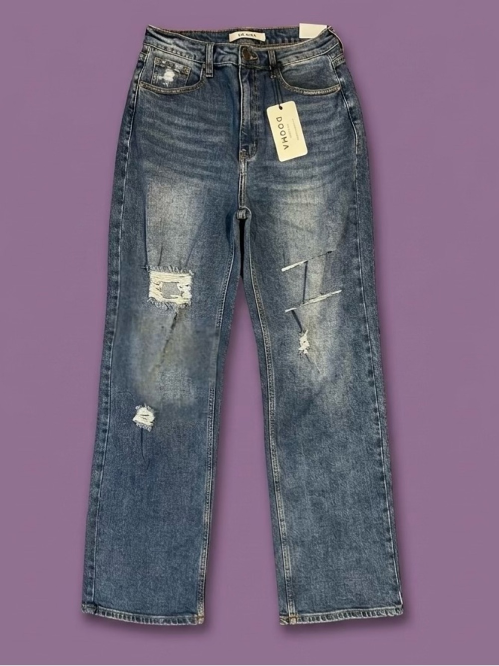 Dogma x Dolls Kill - Distressed High Rise Straight Denim Jeans - Dark Blue